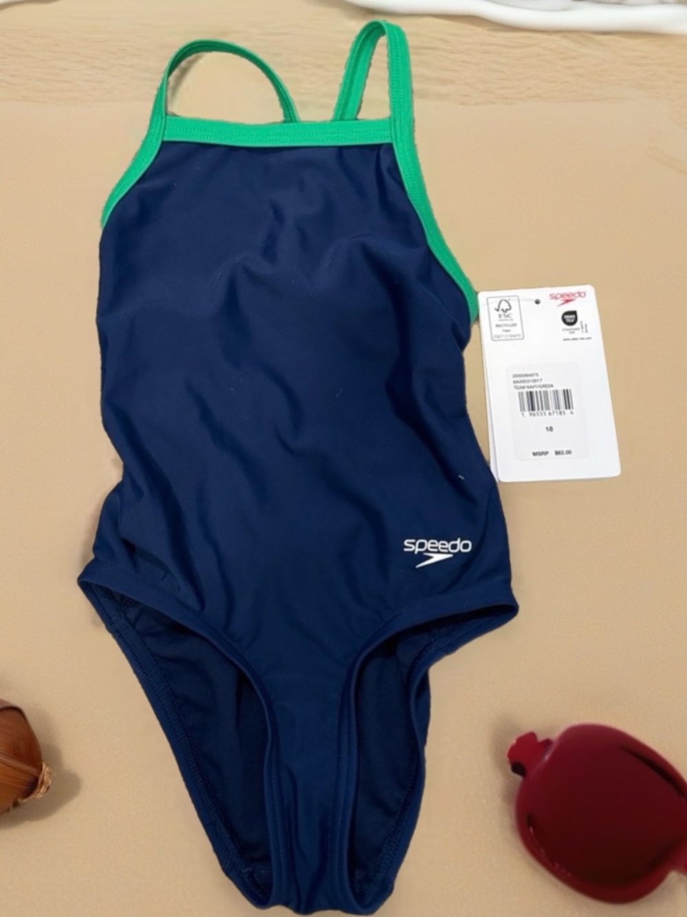 Speedo Navy One-Piece Swimsuit with Green Trim for Kids